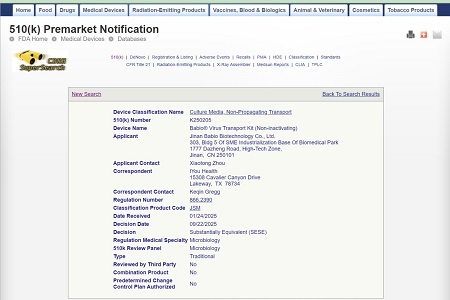 BABIO uzyskuje zgodę amerykańskiej FDA 510(k) na swój zestaw do transportu wirusów (nieinaktywujący)